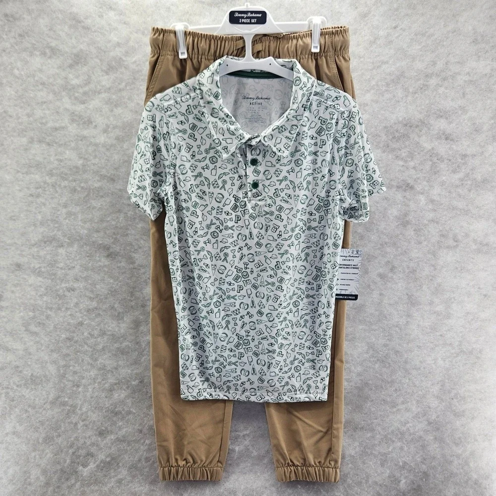 Tommy Bahama Kids Performance Top & Hybrid Pants M 7/8 2 Pc Set White Green Golf